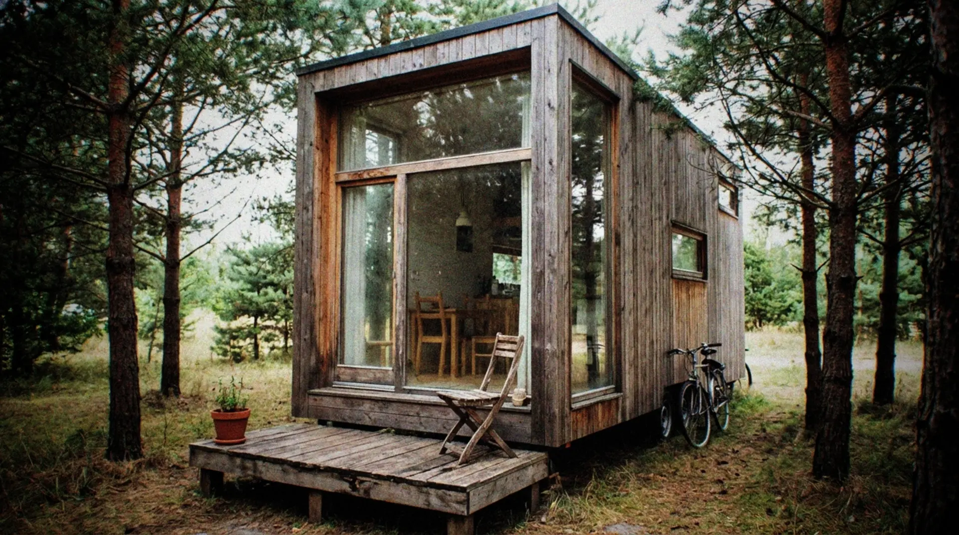 A compact, modern tiny house with sleek wooden exterior sitting in a clearing surrounded by a few trees. The house features large windows that reveal a bright, minimalist interior with multi-functional furniture. A small wooden deck extends from the entrance with a simple chair and potted plant. A bike leans against the tiny house, suggesting mobility and freedom. Natural daylight illuminates the scene, showing the tiny house as part of the landscape rather than dominating it. The perspective is slightly from the side, capturing both the architecture and its natural setting.