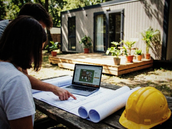 A casual snapshot of a young couple reviewing paperwork and blueprints spread across a wooden outdoor table, with a modern, compact mobile home visible in the background. The mobile home has a small wooden deck with potted plants, situated in a grassy area with trees providing natural shade. A construction hard hat rests on the corner of the table next to a laptop showing property layouts. Shot from slightly above at mid-day with natural lighting, capturing the genuine moment of planning and decision-making. The scene has a documentary feel with subtle depth of field focusing on the documents and the couple's hands pointing at specific details.