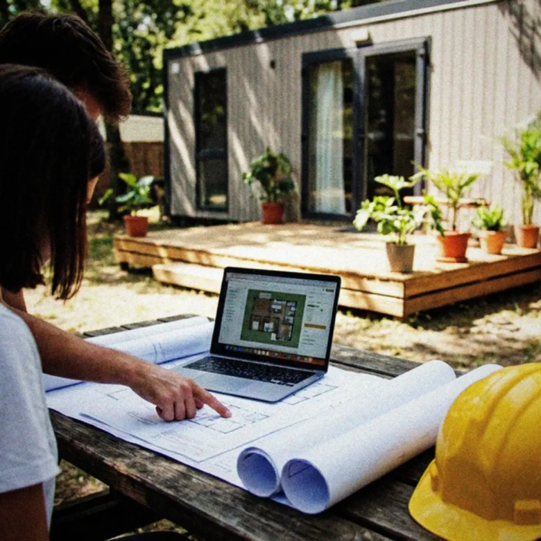 A casual snapshot of a young couple reviewing paperwork and blueprints spread across a wooden outdoor table, with a modern, compact mobile home visible in the background. The mobile home has a small wooden deck with potted plants, situated in a grassy area with trees providing natural shade. A construction hard hat rests on the corner of the table next to a laptop showing property layouts. Shot from slightly above at mid-day with natural lighting, capturing the genuine moment of planning and decision-making. The scene has a documentary feel with subtle depth of field focusing on the documents and the couple's hands pointing at specific details.