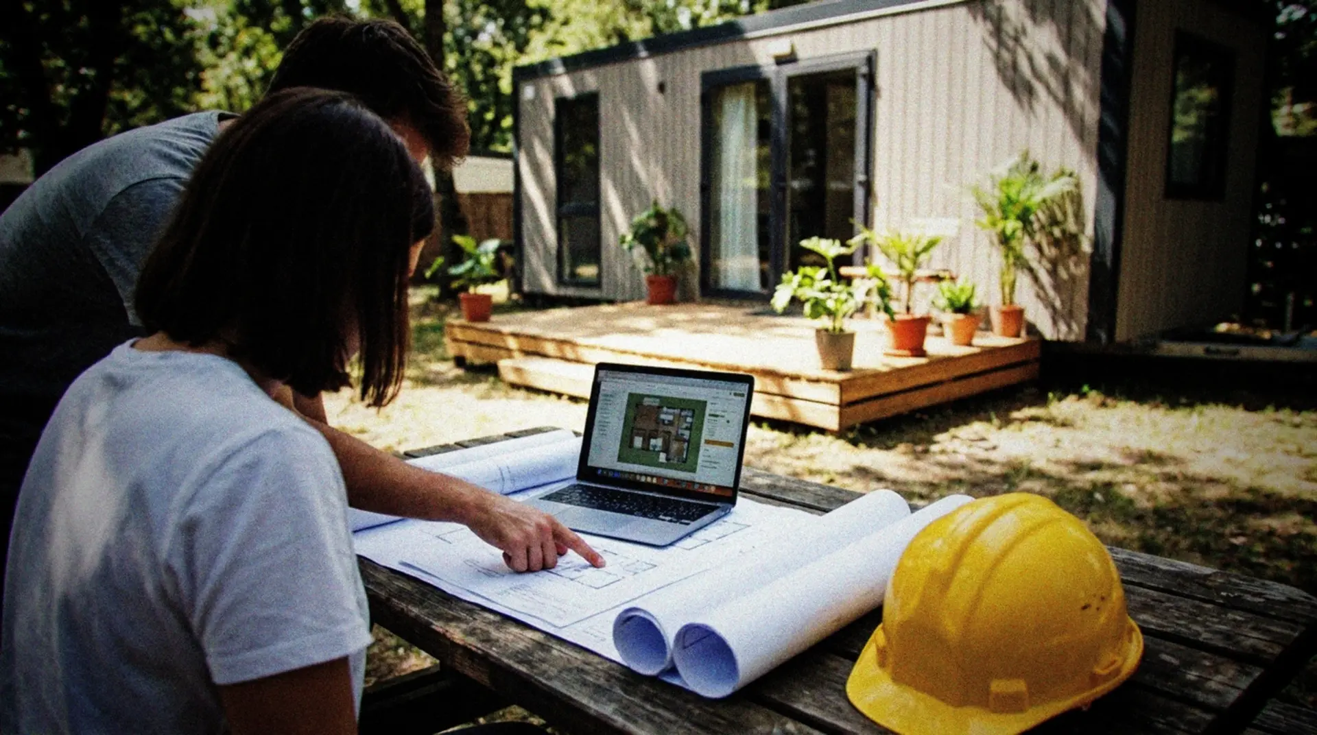 A casual snapshot of a young couple reviewing paperwork and blueprints spread across a wooden outdoor table, with a modern, compact mobile home visible in the background. The mobile home has a small wooden deck with potted plants, situated in a grassy area with trees providing natural shade. A construction hard hat rests on the corner of the table next to a laptop showing property layouts. Shot from slightly above at mid-day with natural lighting, capturing the genuine moment of planning and decision-making. The scene has a documentary feel with subtle depth of field focusing on the documents and the couple's hands pointing at specific details.
